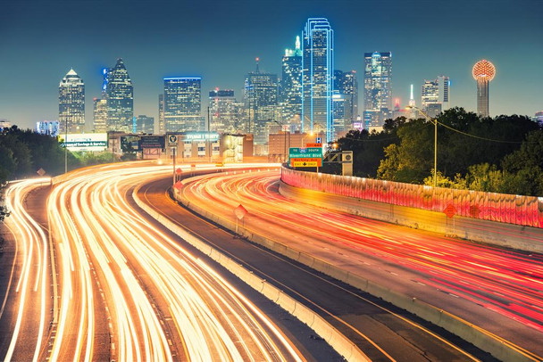 Dallas Texas Downtown Skyline Illuminated Behind Freeway At Night Photo Print Stretched Canvas Wall Art 24x16 inch
