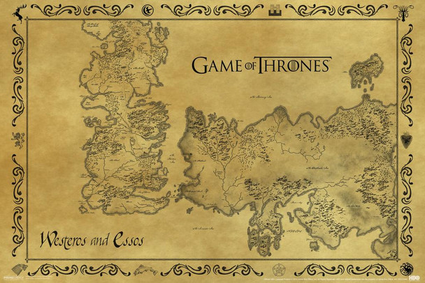 Game Of Thrones Antique Map Westeros Essos HBO Medieval Fantasy TV Television Series Stretched Canvas Wall Art 24x16 inch