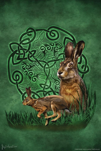 Celtic Hare by Brigid Ashwood Green Spiritual Rabbit Motif Inspirational Motivational Three Hares Intertwined Nature Spirit Gaelic History Stretched Canvas Art Wall Decor 16x24
