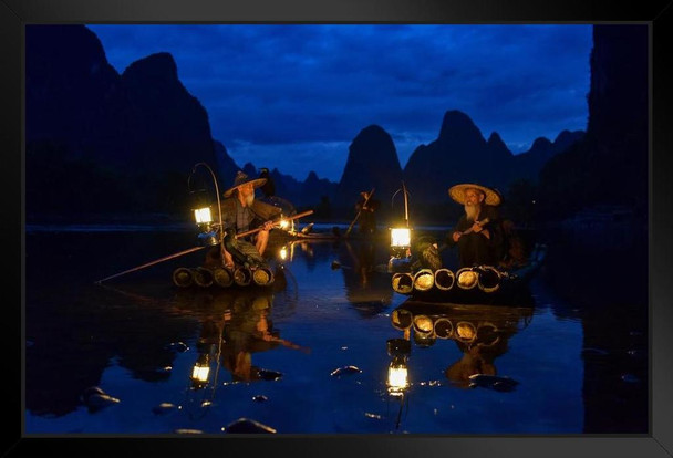 Cormorant Fishing Fisherman Guilin Li River Karst Mountains Blue Hour Of Dawn Guangxi China Stand or Hang Wood Frame Display 9x13