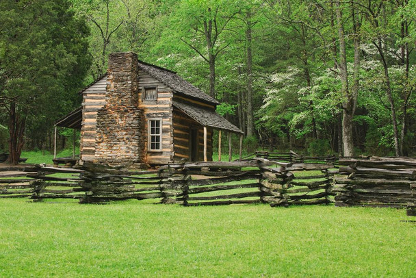 A Fence and Cabin in Smoky Mountain National Park Photo Print Stretched Canvas Wall Art 24x16 inch