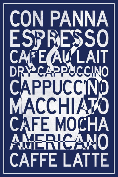 Types Of Coffee Cup Blue Stretched Canvas Wall Art 16x24 inch