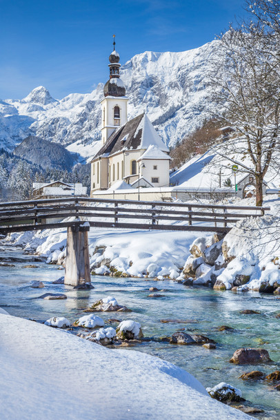 Ramsau Church Snowy Winter Mountains Bavaria Germany Cool Wall Art Print Poster 12x18