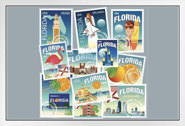 Florida Miami Daytona West Palm Beach Travel Stamps White Wood Framed Poster 20x14