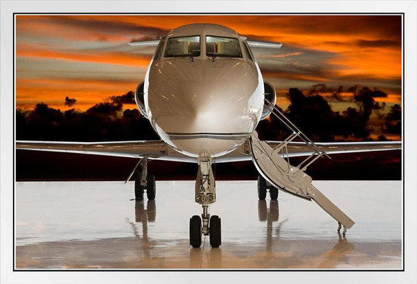 Private Airplane Jet at Sunset Runway Tarmac Photo Photograph White Wood Framed Art Poster 20x14