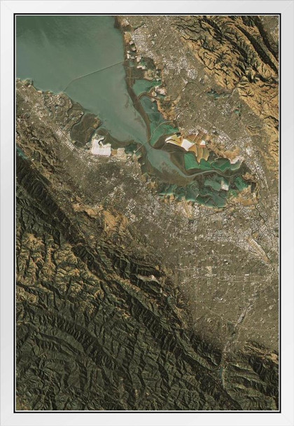 Silicon Valley Satellite View Topographic Map Landscape Photo Photograph White Wood Framed Poster 14x20