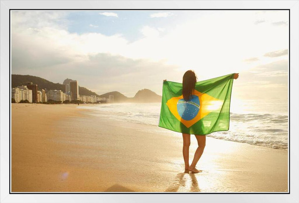 Woman Holding Brazilian Flag Beach Rio de Janeiro Photo Photograph White Wood Framed Poster 20x14