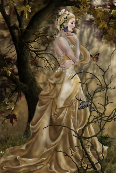 Last Queen Maiden In Forest Poster by Nene Thomas Wilderness Butterflies Fairy Fantasy Stretched Canvas Art Wall Decor 16x24
