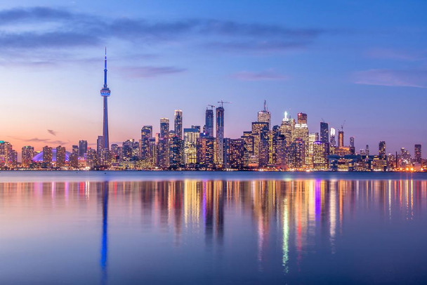 Toronto Ontario Canada Skyline Tower Night Reflection Water Photo Stretched Canvas Wall Art 16x24 inch