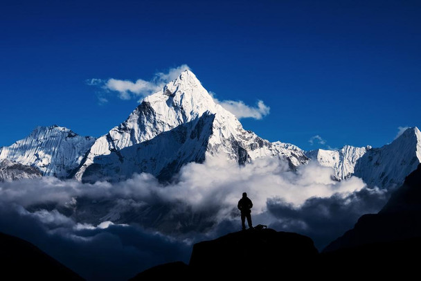 Man Hiking Silhouette In Mount Everest Himalayan Mountains Photo Stretched Canvas Wall Art 24x16 inch