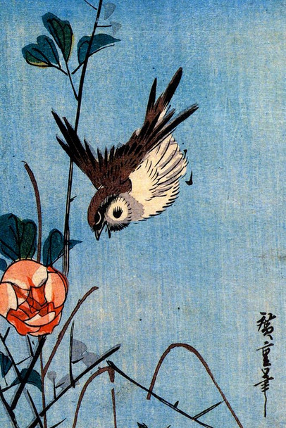 Utagawa Hiroshige Sparrow and Wild Roses Japanese Art Poster Traditional Japanese Wall Decor Hiroshige Woodblock Landscape Artwork Animal Nature Asian Print Stretched Canvas Art Wall Decor 16x24