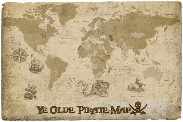 Ye Olde Pirate Map by ProMaps Travel World Map with Cities in Detail Map Posters for Wall Map Art Wall Decor Geographical Illustration Pirate Travel Destinations Stretched Canvas Art Wall Decor 16x24