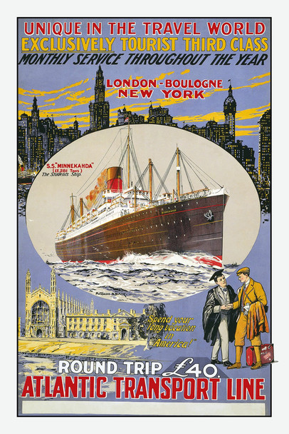 Atlantic Transport Line Ocean Liner SS Minnekahda Student Ship London New York Ocean Crossing Cruise Ship Vintage Cool Wall Decor Art Print Poster 12x18
