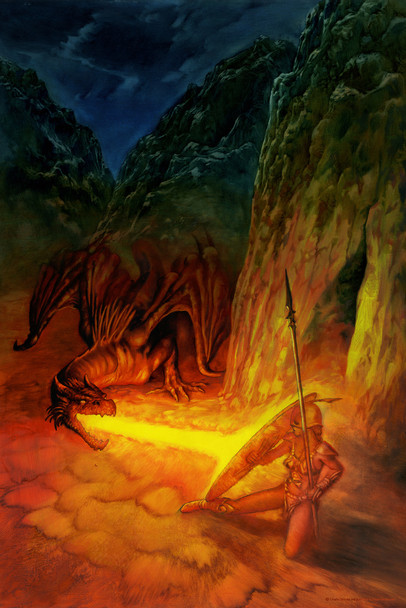Amazona Rojo Female Amazonian Warrior Fighting Fire Breathing Dragon by Ciruelo Fantasy Painting Gustavo Cabral Cool Wall Art Print Poster 12x18
