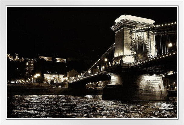 The Chain Bridge Budapest River At Night Black White Photo White Wood Framed Poster 20x14