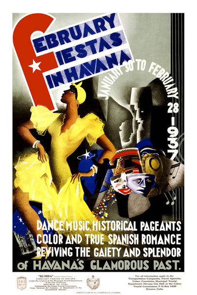 February Fiestas Havana Cuba 1937 Dance Music Vintage Illustration Travel Art Deco Vintage French Wall Art Nouveau French Advertising Vintage Poster Prints Cool Wall Decor Art Print Poster 12x18