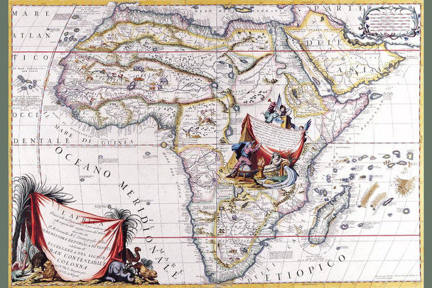 Antique Map Of Africa Ancient 1692 Africa Continent By Coronelli Italian Italy Venice Napoli Jungle Animals Arabian Figures Stretched Canvas Art Wall Decor 16x24