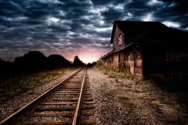 Empty and abandoned train station at night Cool Wall Art Print Poster 12x18