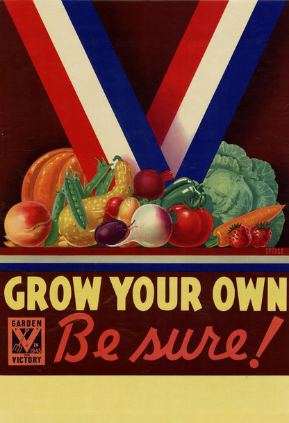 WPA War Propaganda Grow Your Own Garden For Victory Red White Blue Ribbon Vegetables Stretched Canvas Wall Art 16x24 inch