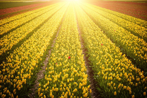 Springtime In The Netherlands Tulip Fields Flowers Growing Landscape Sunset Photo Stretched Canvas Wall Art 24x16x inch