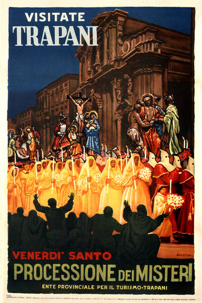 Visit Visitate Trapani Italy Processione dei Misteri di Trapani Jesus on Cross Religious Easter Passion Vintage Illustration Travel Cool Wall Decor Art Print Poster 12x18