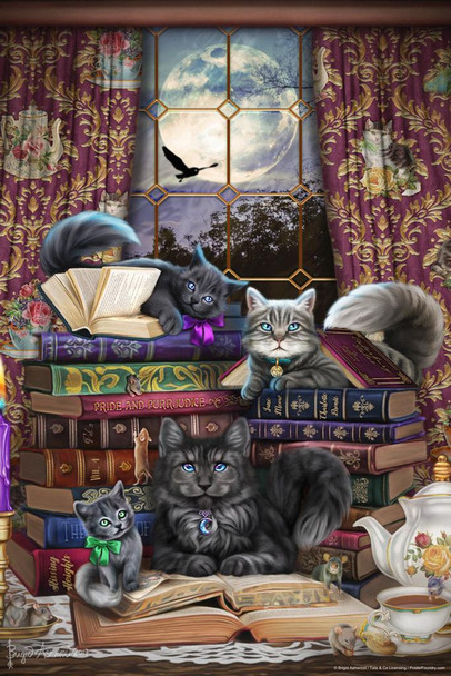 Storytime Cats and Books by Brigid Ashwood Cat Posters for Wall Funny Cat Decor Fantasy Library Cool Down Poster Kitten Poster for Wall Stretched Canvas Art Wall Decor 16x24