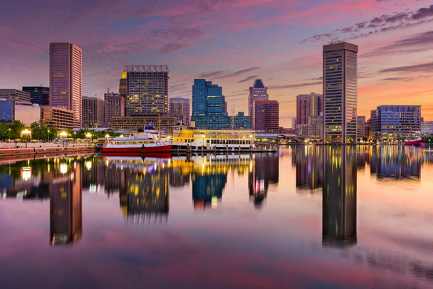 Baltimore Inner Harbor Reflecting Skyline Sunset Photo Stretched Canvas Wall Art 24x16 inch