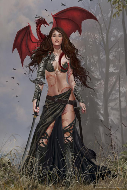 Furion Red Dragon Warrior by Nene Thomas Fantasy Poster Female Soldier Sword Goth Protector Stretched Canvas Art Wall Decor 16x24