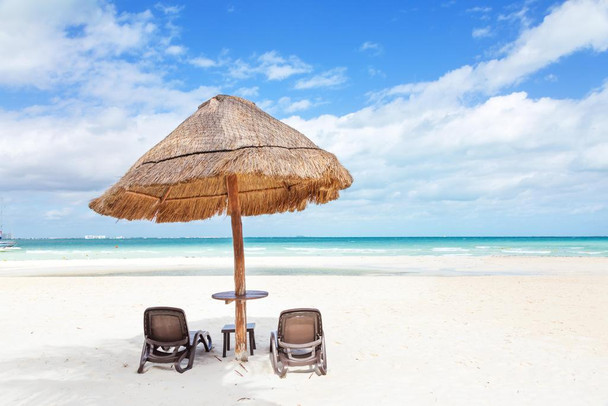 Sunshade And Lounge Chairs Tropical Sandy Beach I Photo Print Stretched Canvas Wall Art 24x16 inch