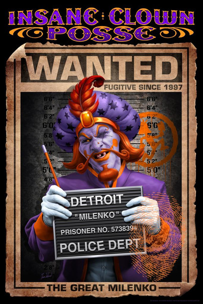 Wanted Sign Milenko Detroit Police Dept ICP Insane Clown Posse Music Band Tom Wood Fantasy Stretched Canvas Art Wall Decor 16x24