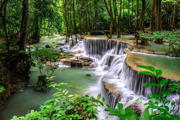 Huay Mae Kamin River Waterfall Jungle Forest Thailand Photo Stretched Canvas Wall Art 24x16 inch