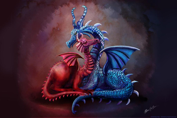 Blue Red Cuddling Dragons In Cave Nest by Rose Khan Fantasy Poster Dragon Love Stretched Canvas Art Wall Decor 16x24