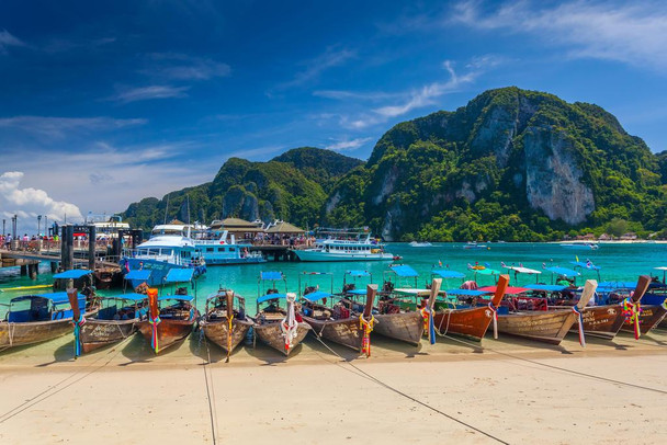 Row of Longtail Boats at Phi Phi Island Photo Print Stretched Canvas Wall Art 24x16 inch