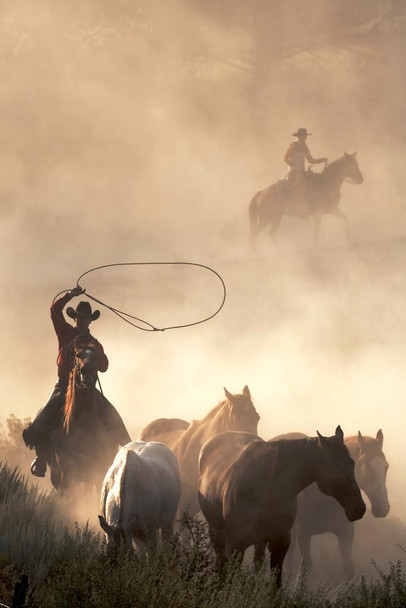 Cowboys On Horseback Wrangling Horses On Dusty Ranch Western Lasso Horse Farm Animals Moody Sepia Style Photo Photograph Stretched Canvas Art Wall Decor 16x24