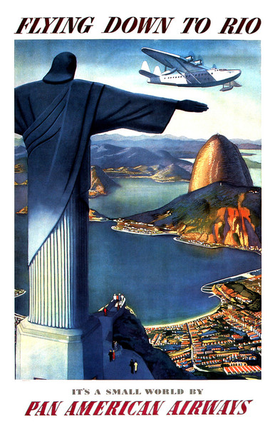 Visit Brazil Flying Down to Rio Small World Pan American Airways Christ the Redeemer Statue Vintage Illustration Travel Cool Wall Decor Art Print Poster 12x18