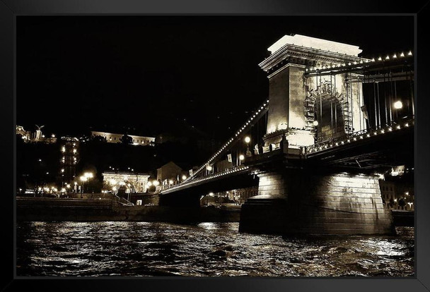 The Chain Bridge Budapest River At Night Black White Photo Art Print Stand or Hang Wood Frame Display Poster Print 13x9