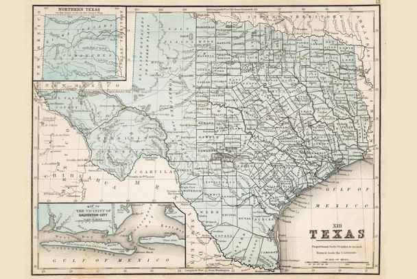 Map of Texas 1867 Antique Style Map Stretched Canvas Wall Art 16x24 inch