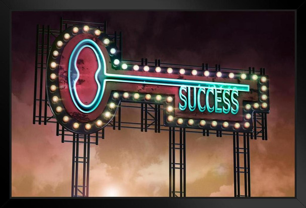 Key to Success Neon Lights Billboard Motivational Art Print Stand or Hang Wood Frame Display Poster Print 13x9