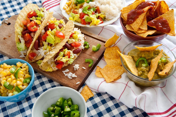 Tacos and Nacho Chips Blue Checkered Tablecloth Photo Print Stretched Canvas Wall Art 24x16 inch