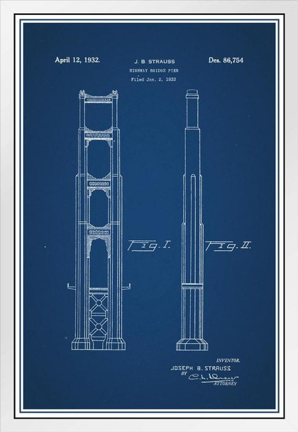 Golden Gate Bridge Highway Pier Official Patent Blueprint White Wood Framed Poster 14x20