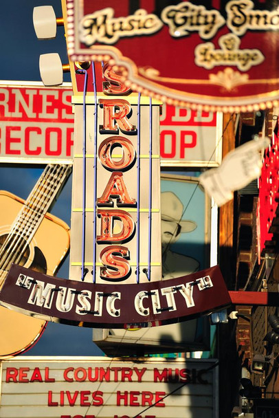 Music City Nashville Country Music Retro Signs Photo Poster TN Tennessee Bar Restaurant Photograph Stretched Canvas Art Wall Decor 16x24