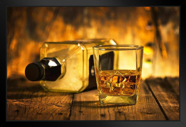 Glass of Whiskey and Empty Bottle Photo Photograph Art Print Stand or Hang Wood Frame Display Poster Print 13x9