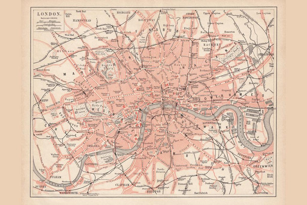 City of London 1877 Vintage Antique Style Map Stretched Canvas Wall Art 24x16 inch