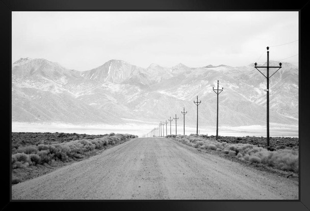 Lone Road Power Lines Leading To San Juan Mountain Range Black And White Photo Art Print Stand or Hang Wood Frame Display Poster Print 13x9