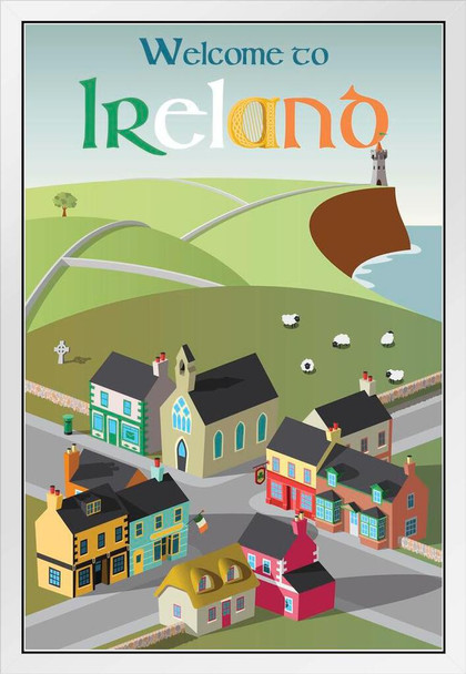 Welcome to Ireland Retro Travel Art White Wood Framed Poster 14x20