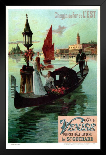 Visit Italy Venise Venice Chemin de Fer Gondola Canal Festival Vintage Illustration Travel Art Print Stand or Hang Wood Frame Display Poster Print 9x13