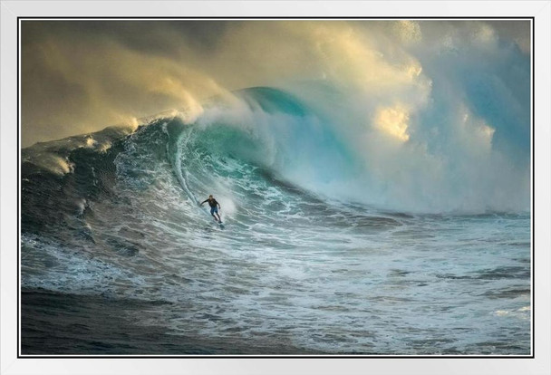 Surfing Poster Surfer On A Big Wave In the Ocean Jaws Beach Hawaii Hawaiian Waves Photo Photograph Cool Photo Sunset Palm Landscape Pictures Scenic Scenery White Wood Framed Art Poster 14x20