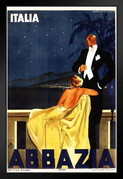 Italy Abbazia Elegant Couple Tuxedo Gown At Night Vintage Illustration Travel Art Print Stand or Hang Wood Frame Display Poster Print 9x13
