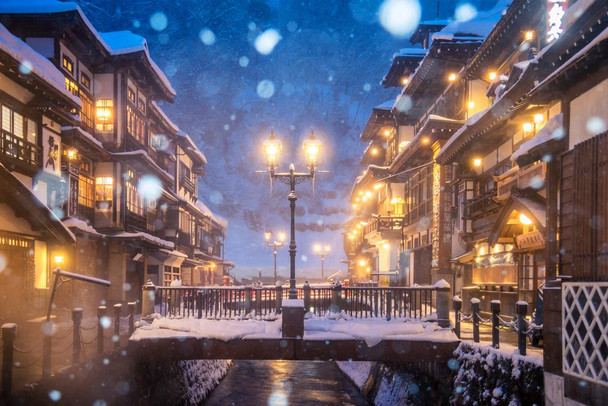 Heavy snow blizzard in Obanazawa Ginzan Onsen Japan Photo Stretched Canvas Wall Art 16x24 inch