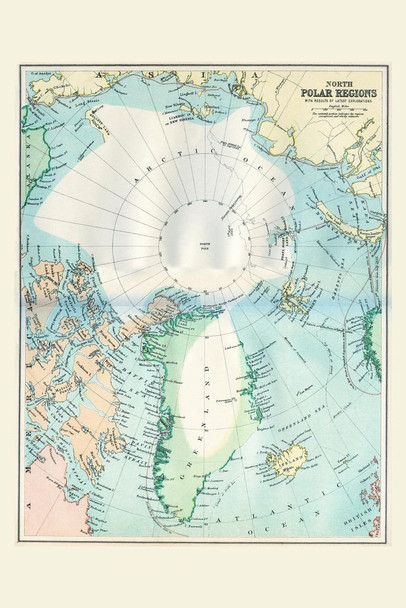 North Polar Regions 19th Century Antique Style Map Travel World Map with Cities in Detail Map Posters for Wall Map Art Geographical Illustration Travel Stretched Canvas Art Wall Decor 16x24